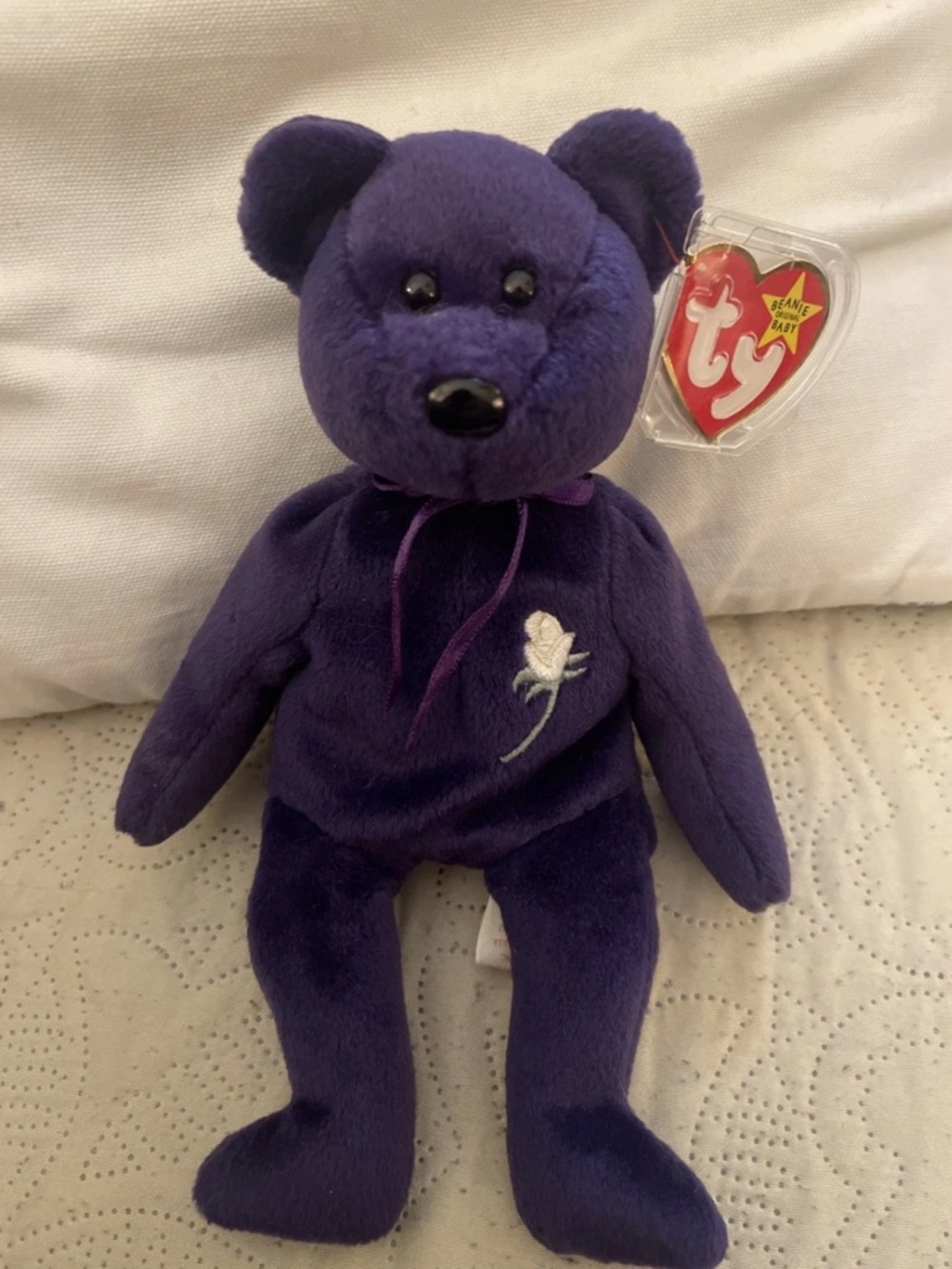 Ty Purple Rose Plush Bear with White Embroidered Rose